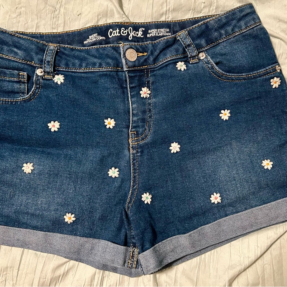 Cat & Jack Girl's Dark Blue Jean Shorts with Daisy Embroidery